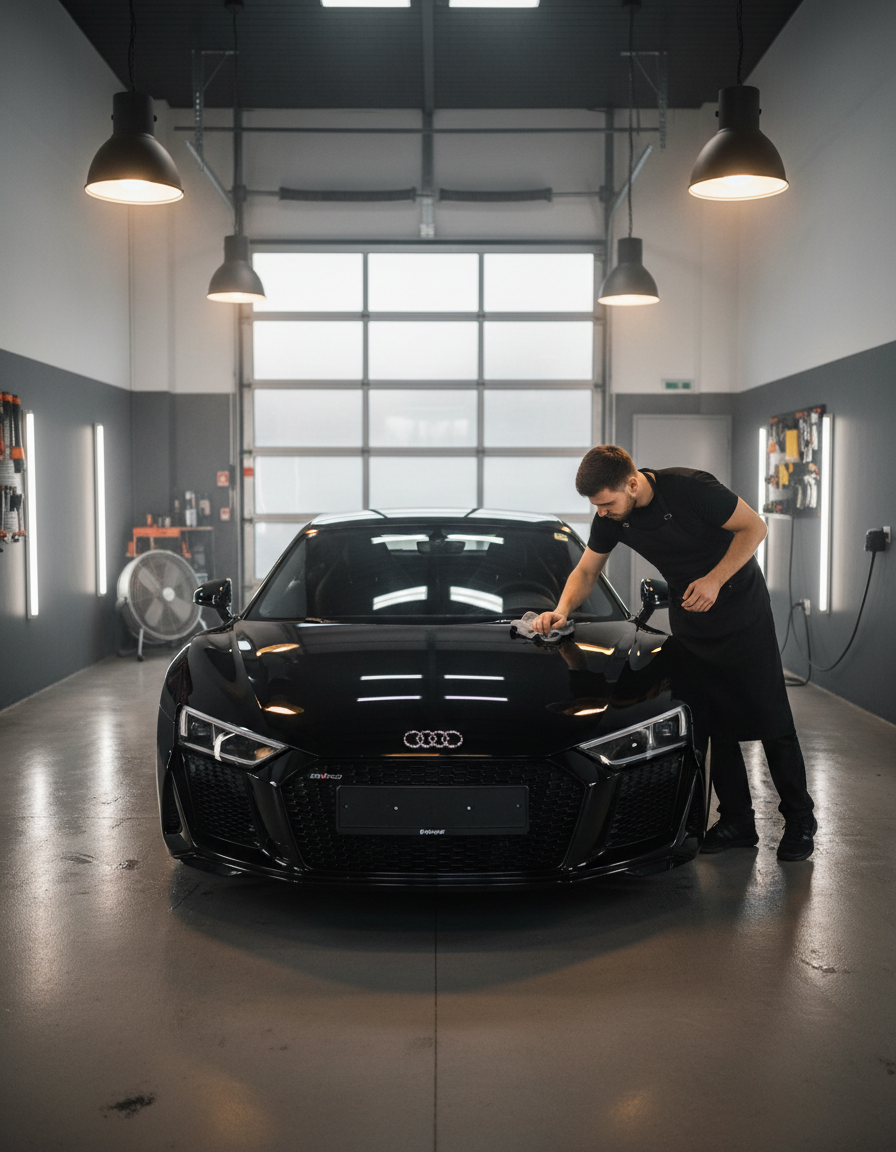 Professional detailer hand-polishing a black sports car at Vehikolo Auto Works