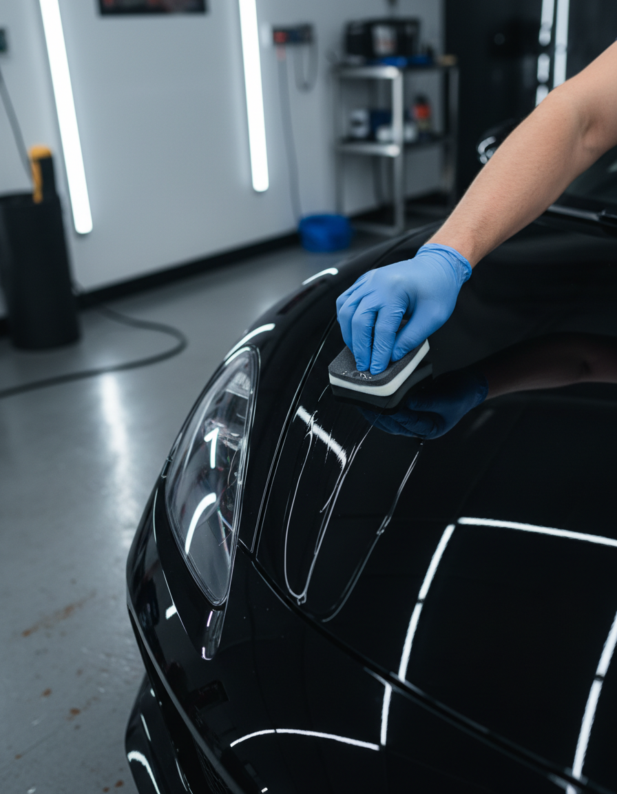 Close-up of ceramic coating being applied to a car's paint at Vehikolo Auto Works