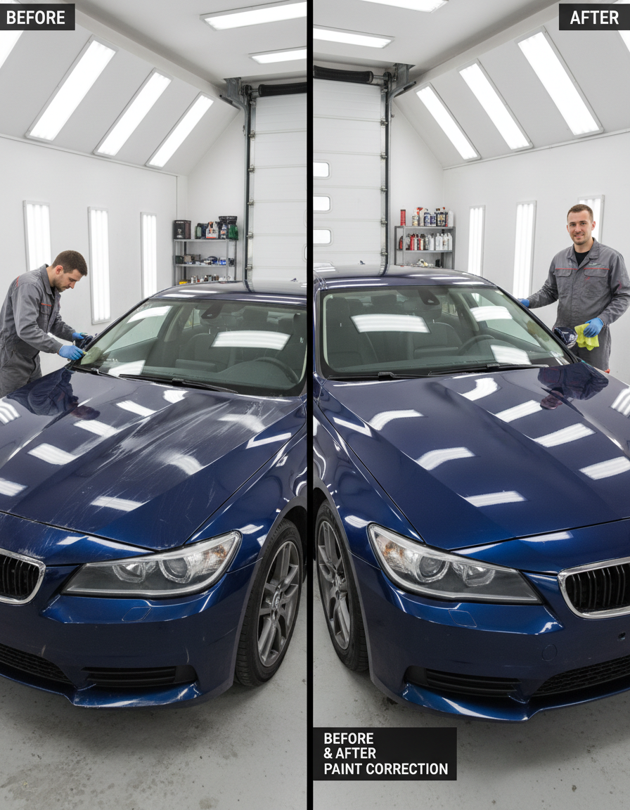 Before and after full paint correction and restoration on a sedan at Vehikolo Auto Works