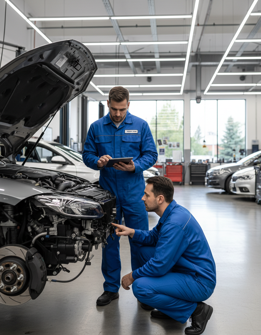 Two mechanics inspecting a car engine and brakes at Vehikolo Auto Works