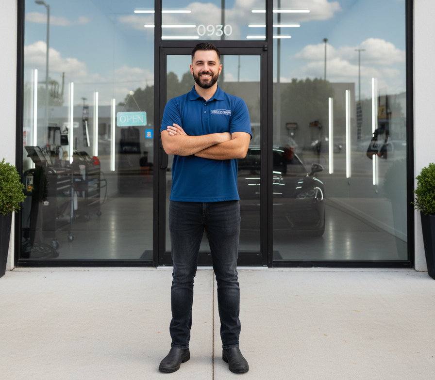 Owner of Vehikolo Auto Works standing outside the shop