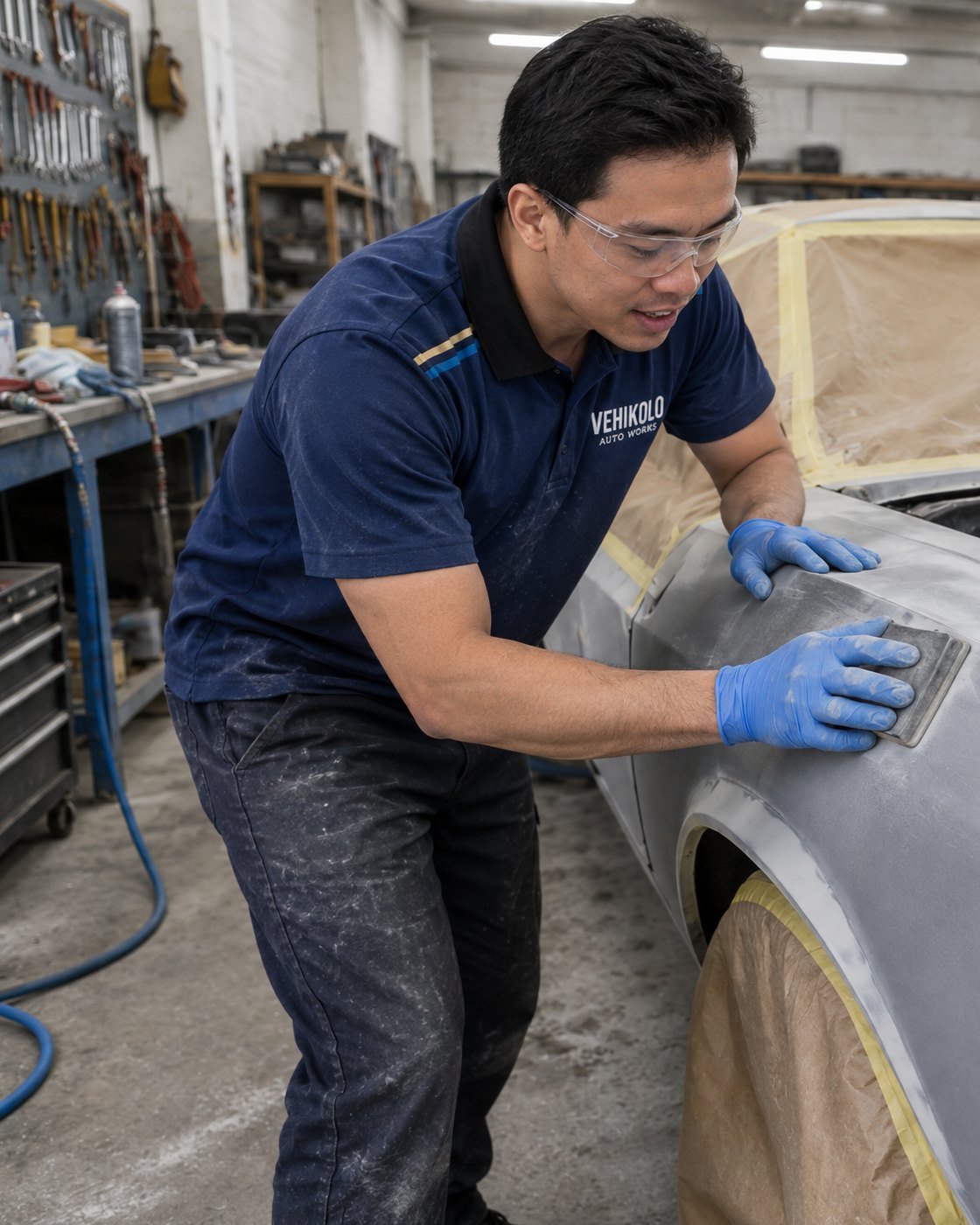 Renan from Vehikolo Auto Works, in the shop uniform, block-sanding primer on a classic car in the workshop