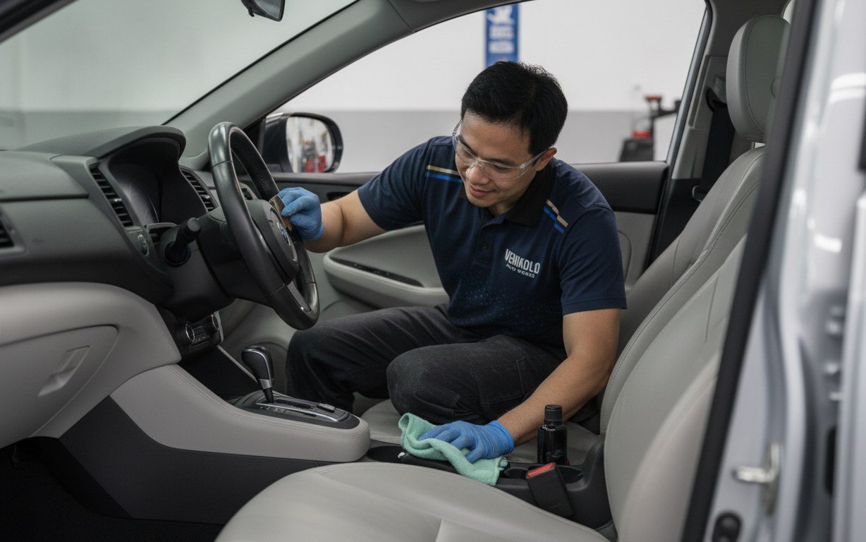 Renan from Vehikolo Auto Works, in the shop uniform, detailing a car interior and steering wheel