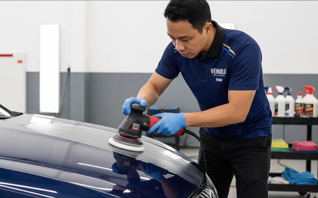 Renan from Vehikolo Auto Works, in the shop uniform, paint-correcting a dark blue bonnet with a dual-action polisher