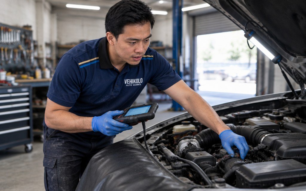Renan from Vehikolo Auto Works, in the shop uniform, running diagnostics with a scan tool under the bonnet